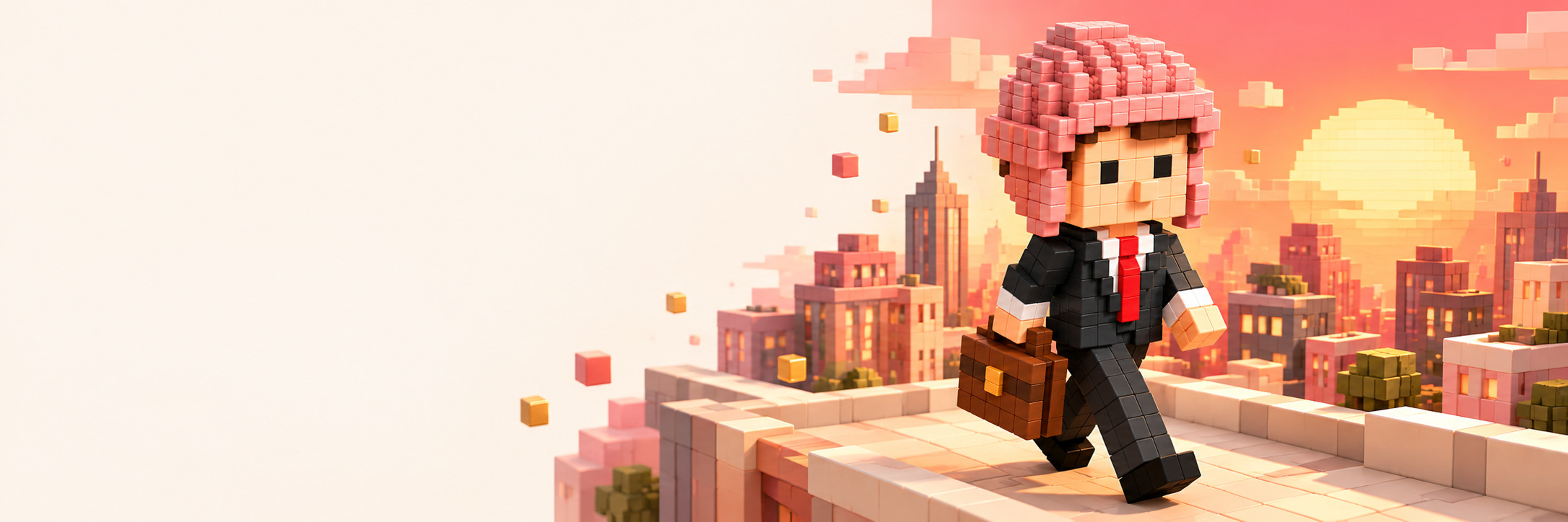 Bagworkwif on a peach and coral city rooftop at golden hour