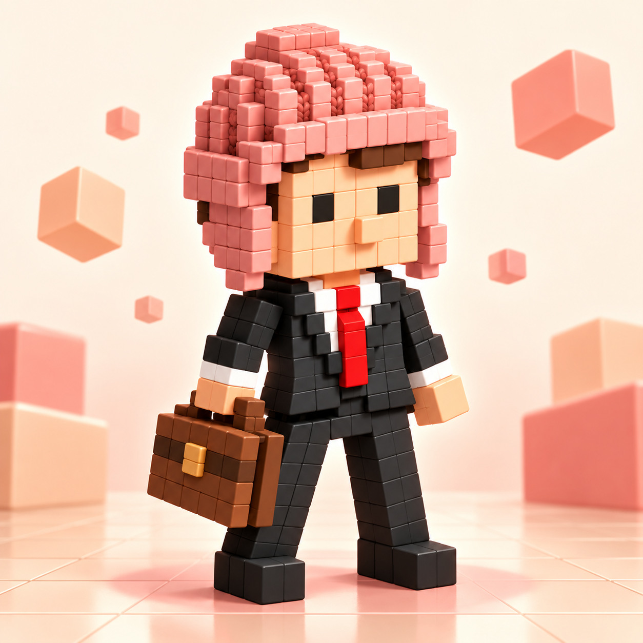 A voxel businesswoman with coral pink hair, black suit, red tie and a briefcase